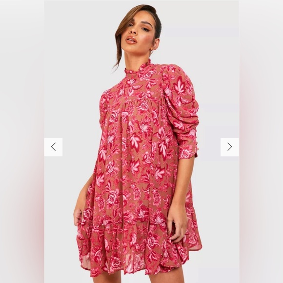 PUFF SLEEVE RUFFLE NECK SMOCK DRESS - Picture 3 of 4